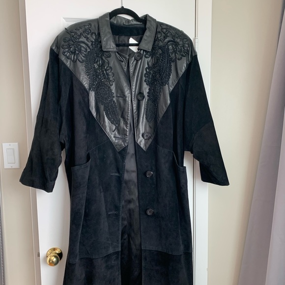 Vintage Black Suede and Leather Full Length Coat Leather Ribbon Detail - Picture 3 of 14